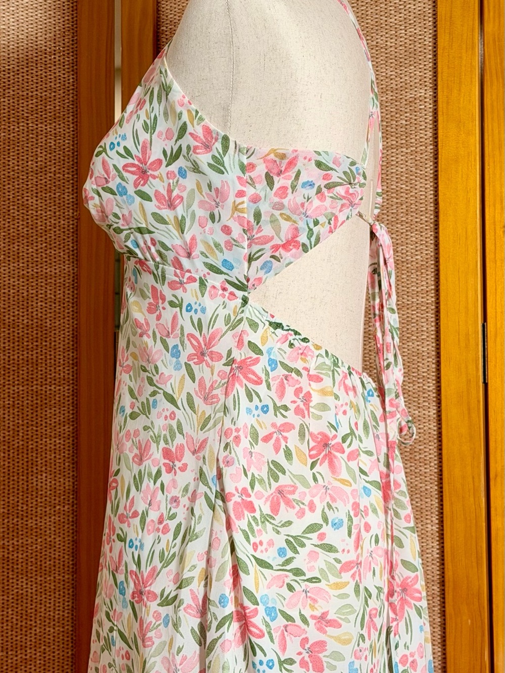 Source Unknown Pink Floral Midi Dress with Blue & Green Accents